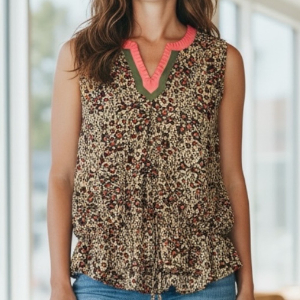 Boho Sleeveless Animal Print Blouse Women Size Small Mid Tie Brand Unknown Coral